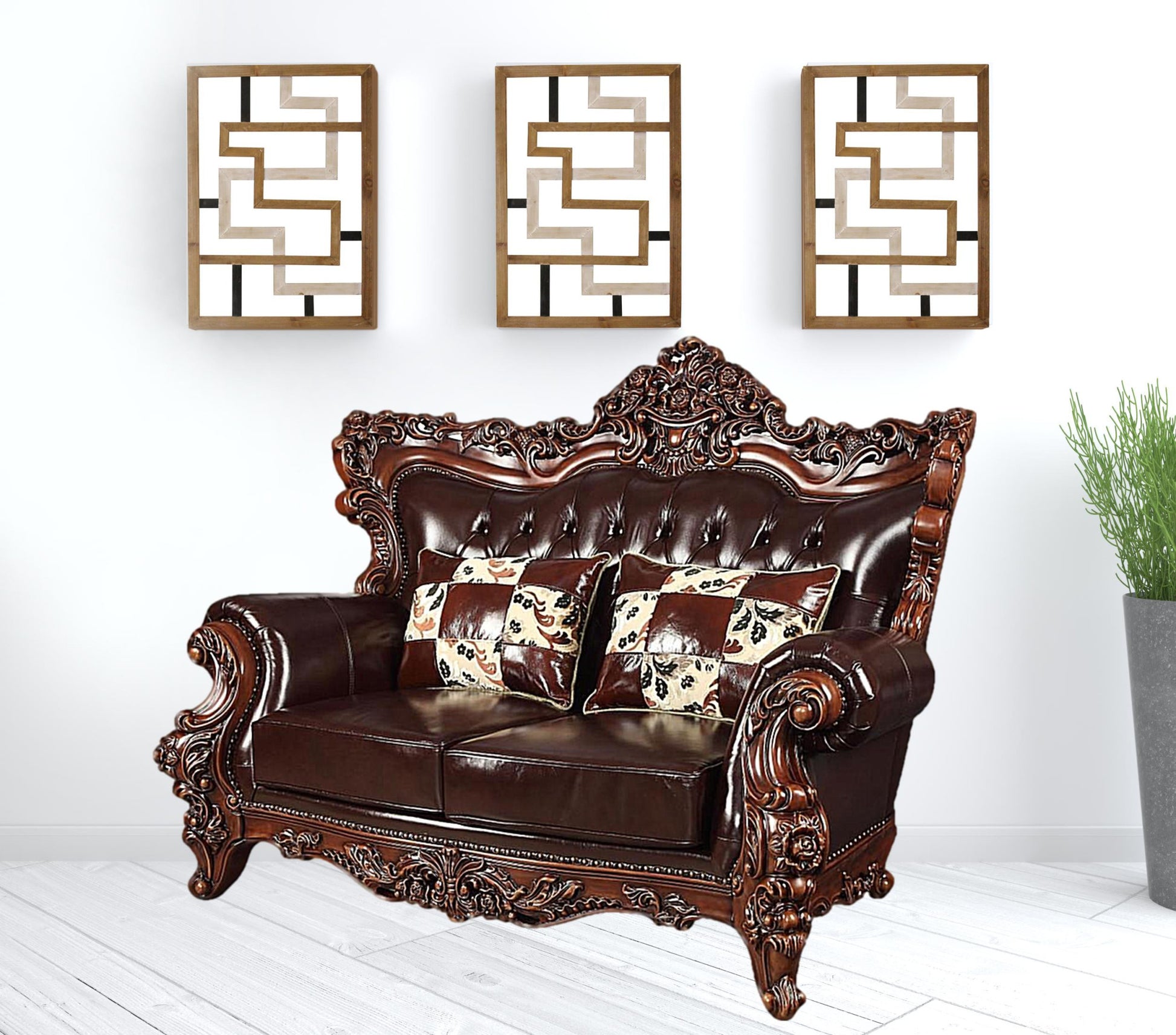 71" Espresso And Brown Faux Leather Curved Love Seat By Homeroots | Loveseats | Modishstore - 2