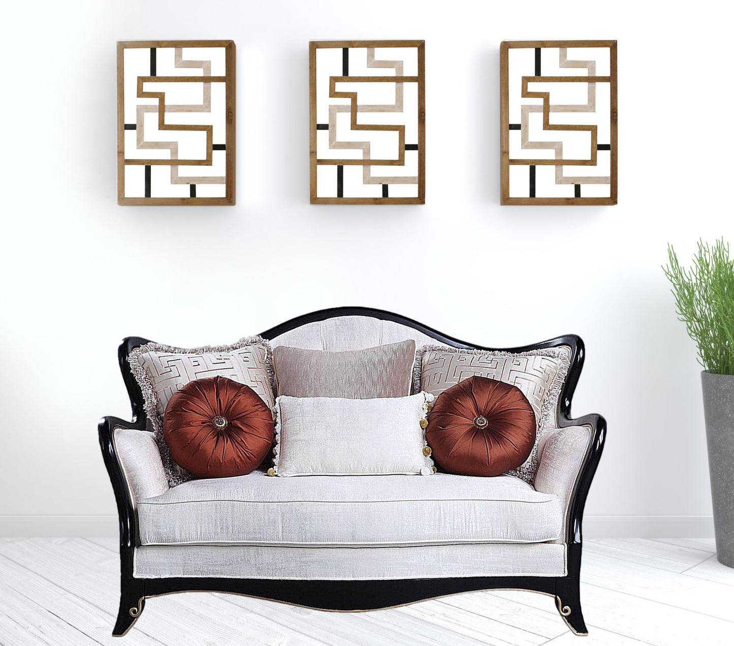 66" Beige And Black Cotton Blend Love Seat And Toss Pillows By Homeroots | Loveseats | Modishstore - 2