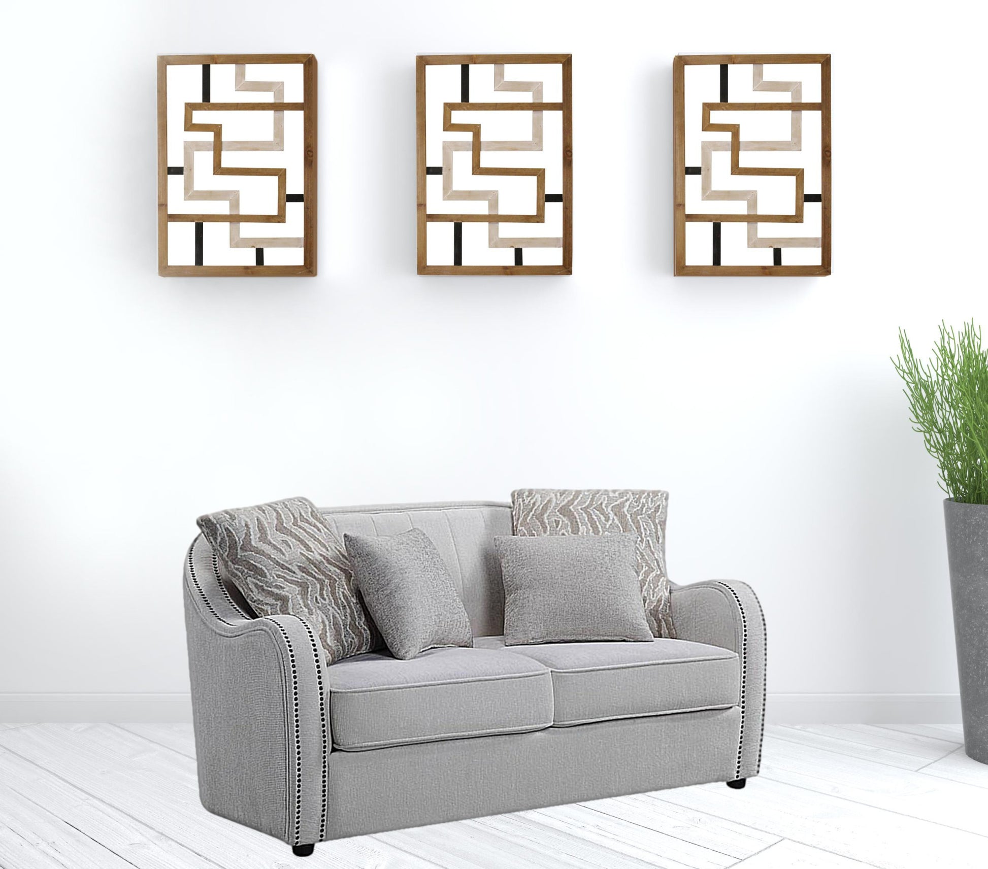 63" Beige And Black Linen Curved Love Seat And Toss Pillows By Homeroots | Loveseats | Modishstore - 2