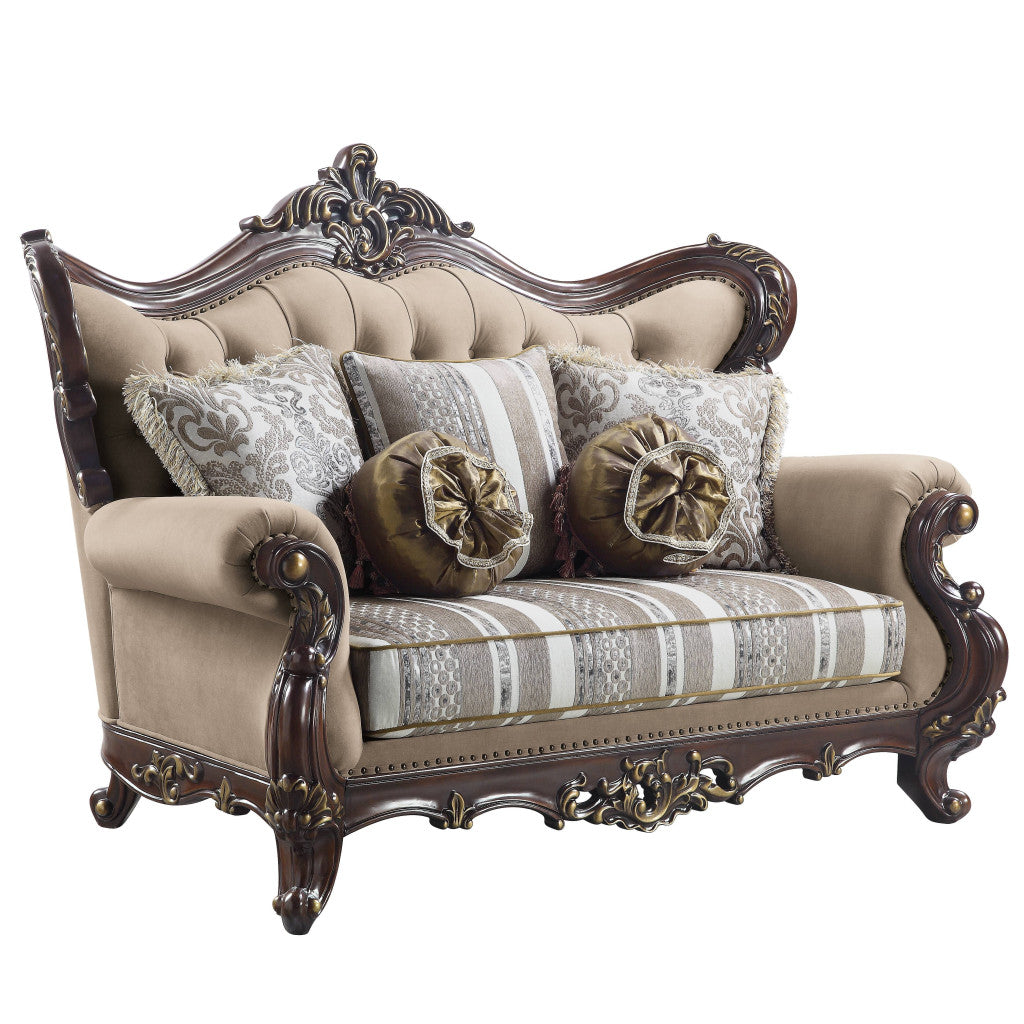 70" Brown And Dark Brown Linen Curved Love Seat And Toss Pillows By Homeroots | Loveseats | Modishstore