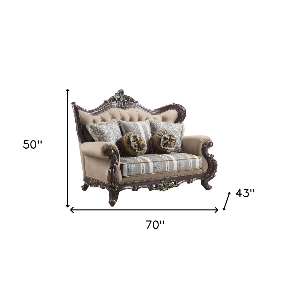 70" Brown And Dark Brown Linen Curved Love Seat And Toss Pillows By Homeroots | Loveseats | Modishstore - 5