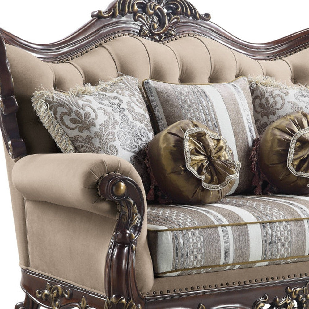 70" Brown And Dark Brown Linen Curved Love Seat And Toss Pillows By Homeroots | Loveseats | Modishstore - 3