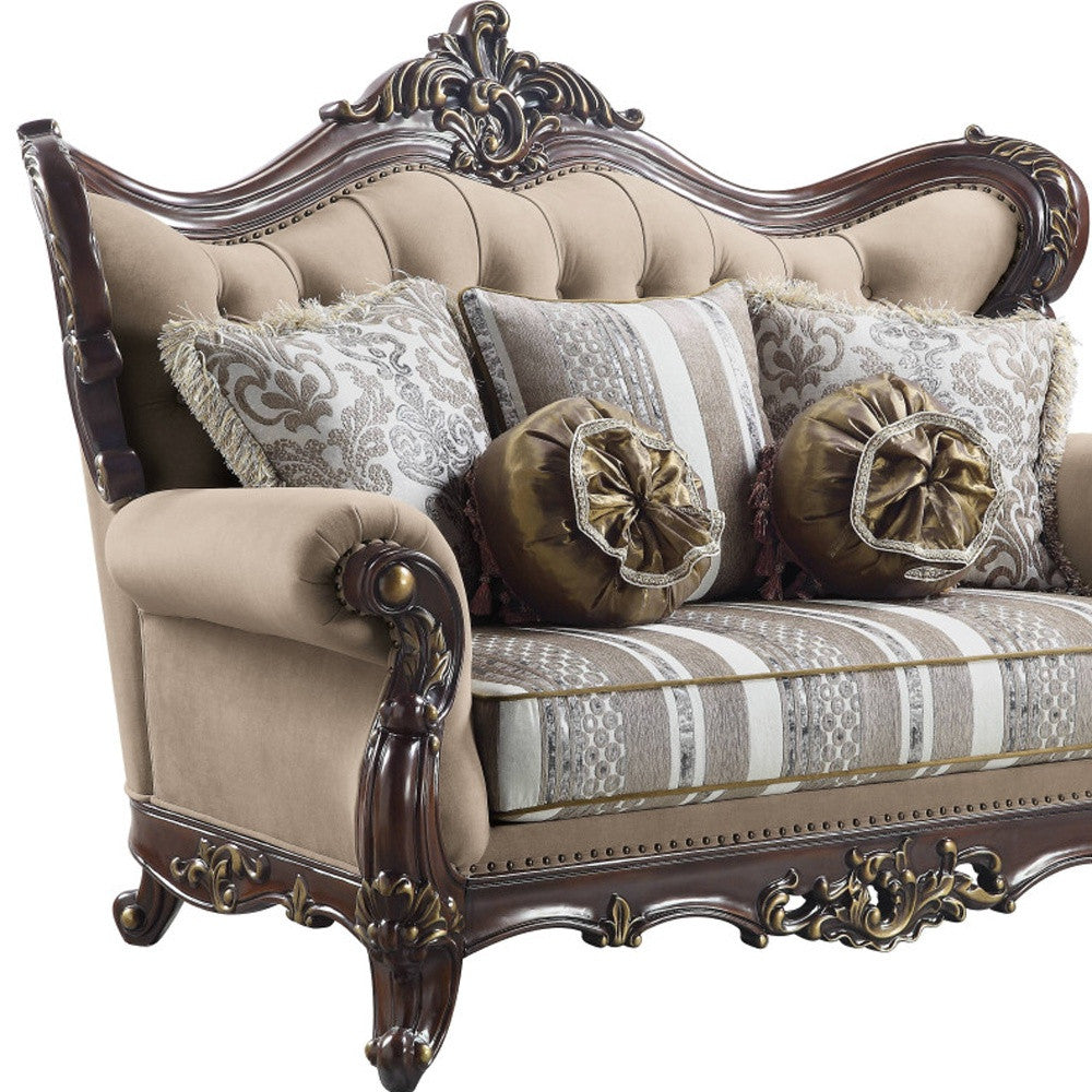 70" Brown And Dark Brown Linen Curved Love Seat And Toss Pillows By Homeroots | Loveseats | Modishstore - 4