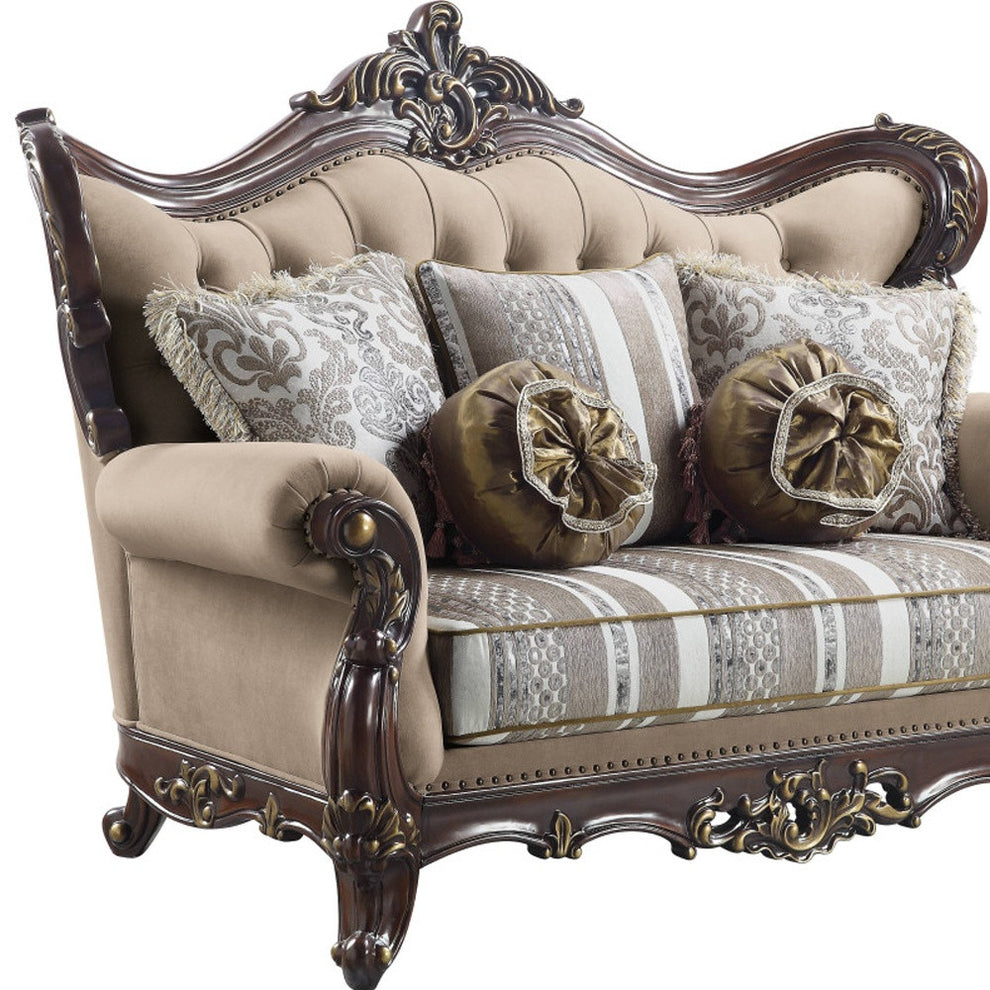 70" Brown And Dark Brown Linen Curved Love Seat And Toss Pillows By Homeroots | Loveseats | Modishstore - 4