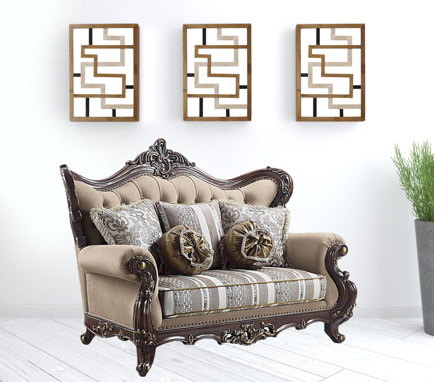 70" Brown And Dark Brown Linen Curved Love Seat And Toss Pillows By Homeroots | Loveseats | Modishstore - 2