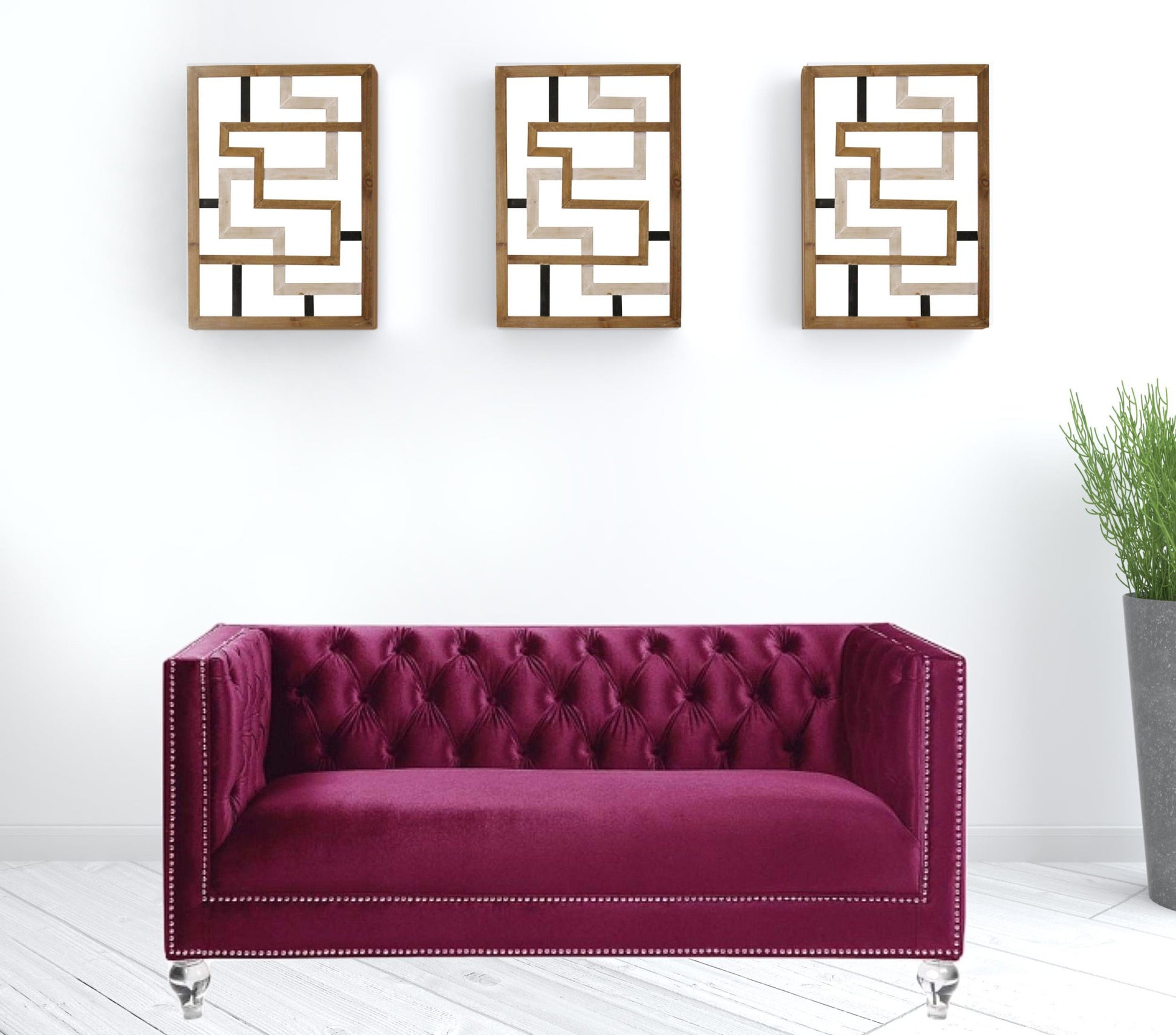 67" Burgundy Tufted Velvet Bling and Acrylic Love Seat By Homeroots | Loveseats | Modishstore - 3