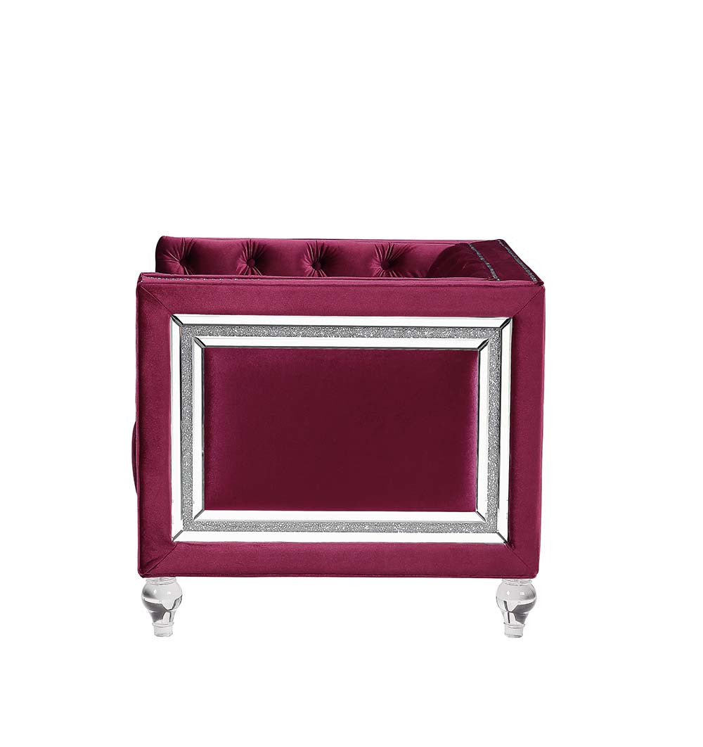 67" Burgundy Tufted Velvet Bling and Acrylic Love Seat By Homeroots | Loveseats | Modishstore - 2