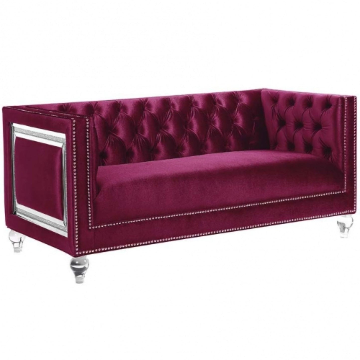 67" Burgundy Tufted Velvet Bling and Acrylic Love Seat By Homeroots