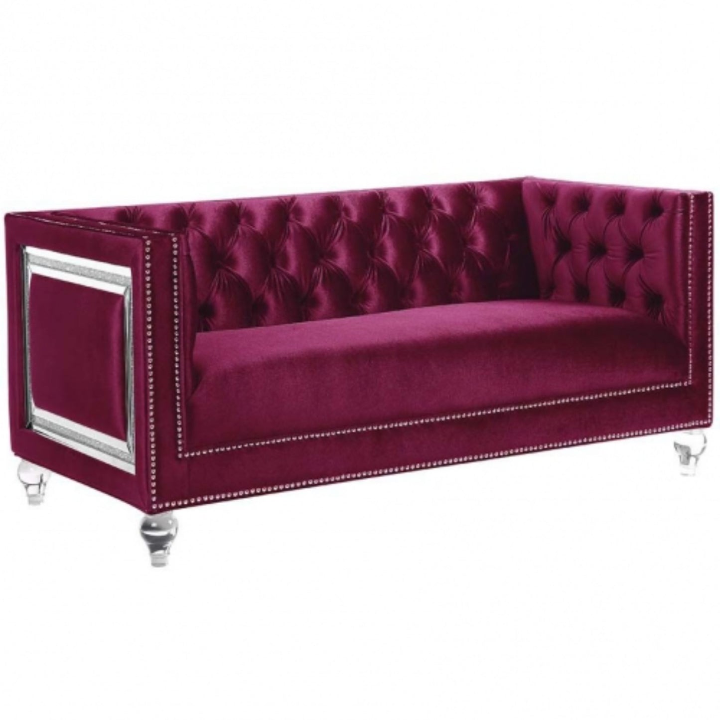 67" Burgundy Tufted Velvet Bling and Acrylic Love Seat By Homeroots | Loveseats | Modishstore - 4