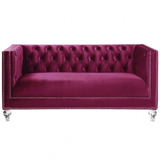 67" Burgundy Tufted Velvet Bling and Acrylic Love Seat By Homeroots