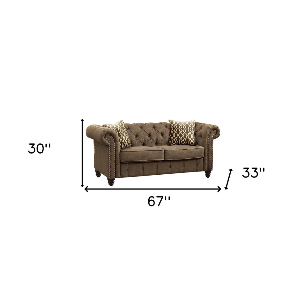 67" Brown 100% Linen And Black Love Seat By Homeroots | Loveseats | Modishstore - 5