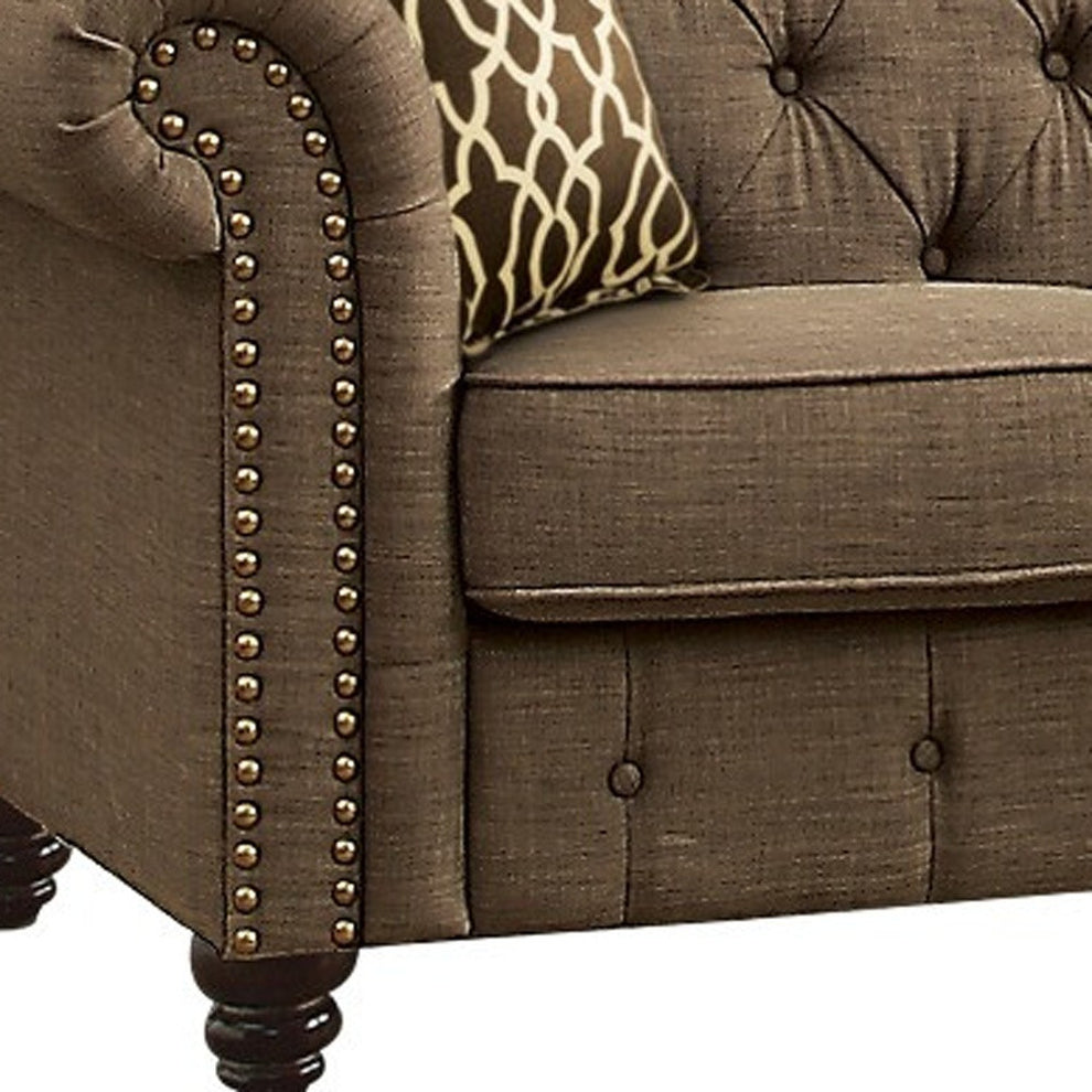 67" Brown 100% Linen And Black Love Seat By Homeroots | Loveseats | Modishstore - 3