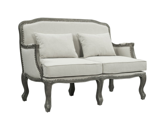 56" Cream And Gray Linen Love Seat And Toss Pillows By Homeroots