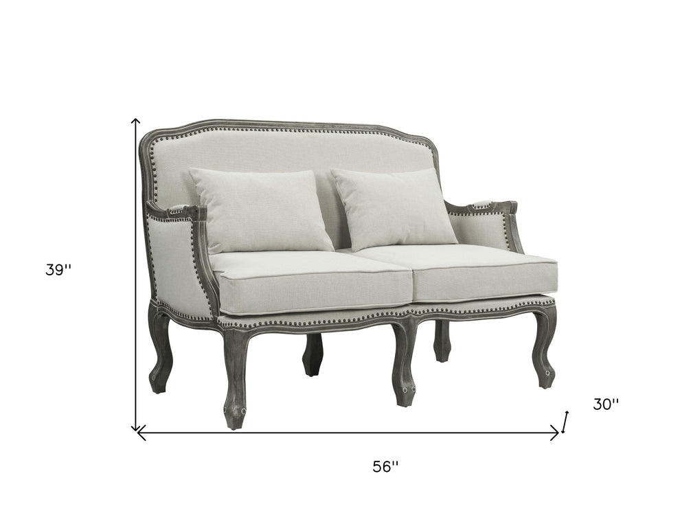 56" Cream And Gray Linen Love Seat And Toss Pillows By Homeroots | Loveseats | Modishstore - 5