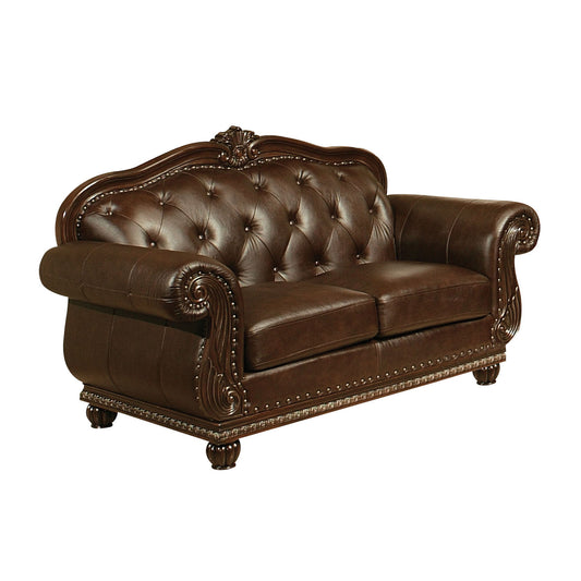 70" Espresso Faux Leather And Black Nailhead Love Seat By Homeroots