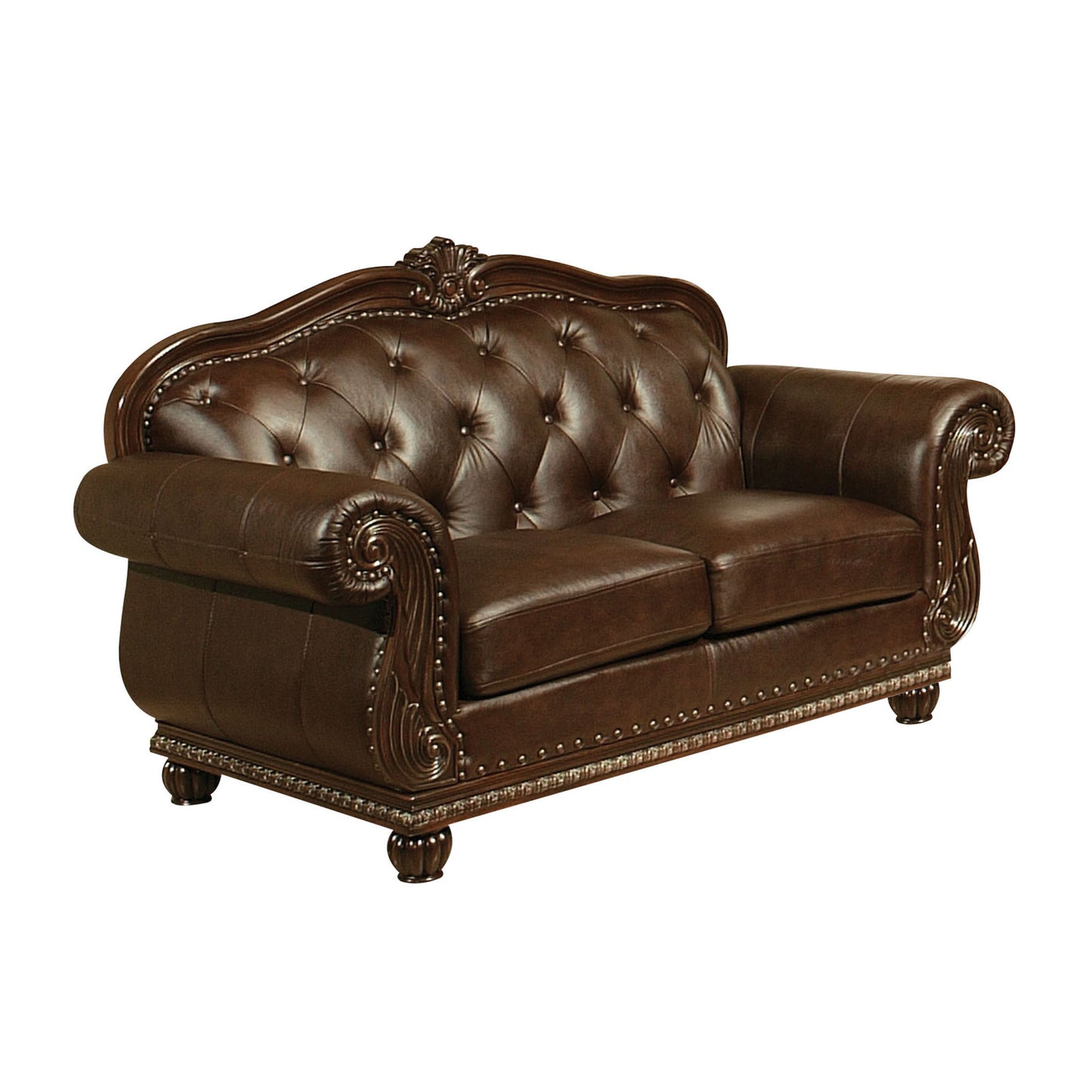 70" Espresso Faux Leather And Black Nailhead Love Seat By Homeroots | Loveseats | Modishstore
