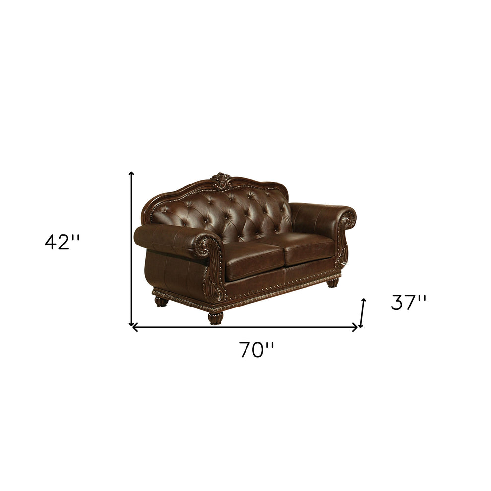 70" Espresso Faux Leather And Black Nailhead Love Seat By Homeroots | Loveseats | Modishstore - 5