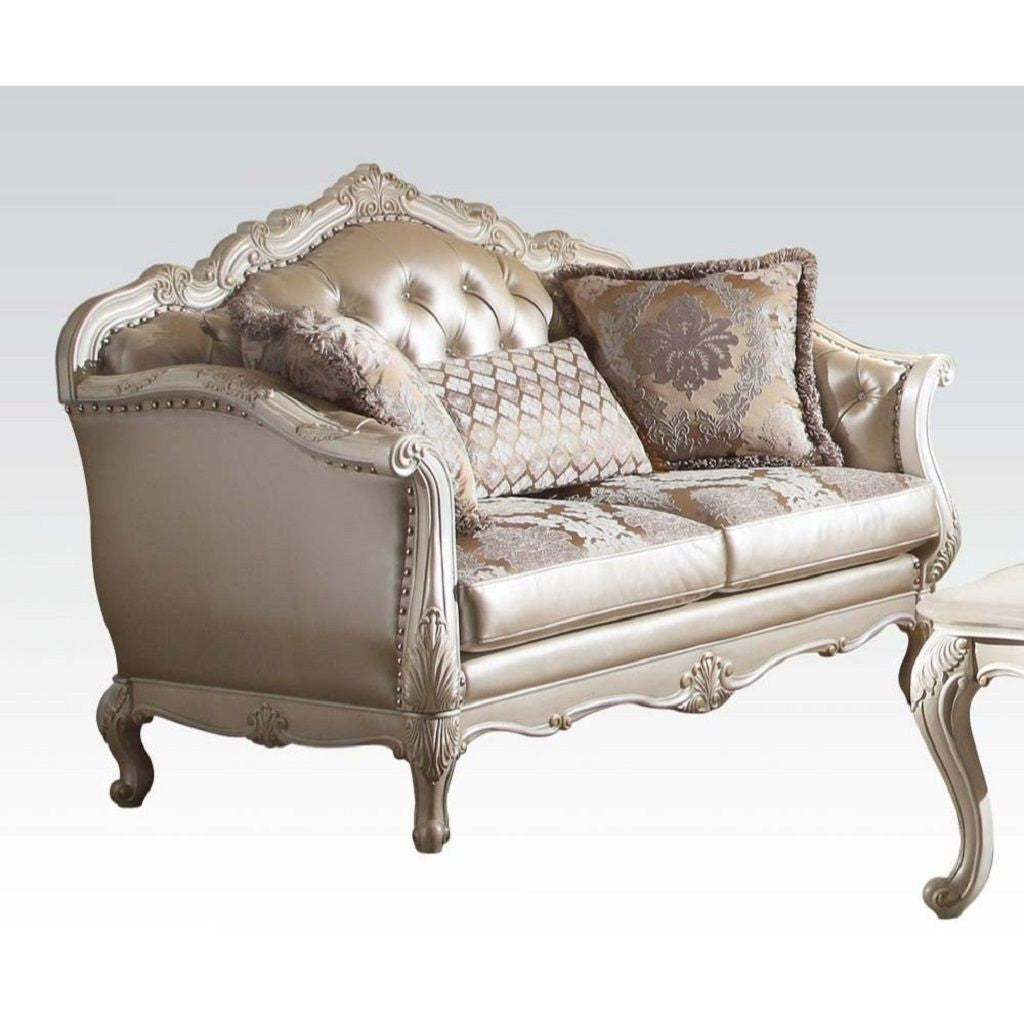 63" Rose Gold And Pearl Faux Leather Curved Love Seat And Toss Pillows By Homeroots | Loveseats | Modishstore