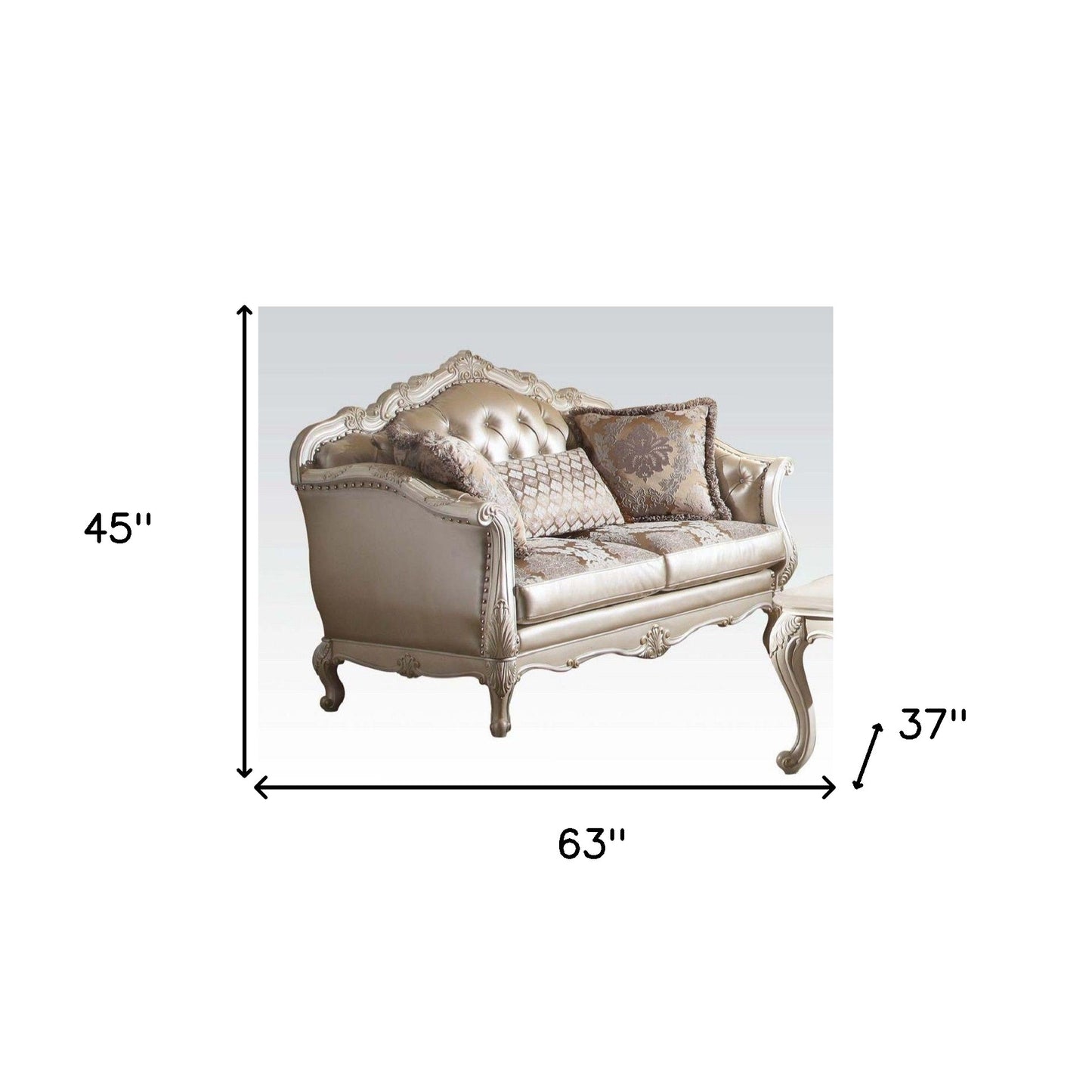 63" Rose Gold And Pearl Faux Leather Curved Love Seat And Toss Pillows By Homeroots