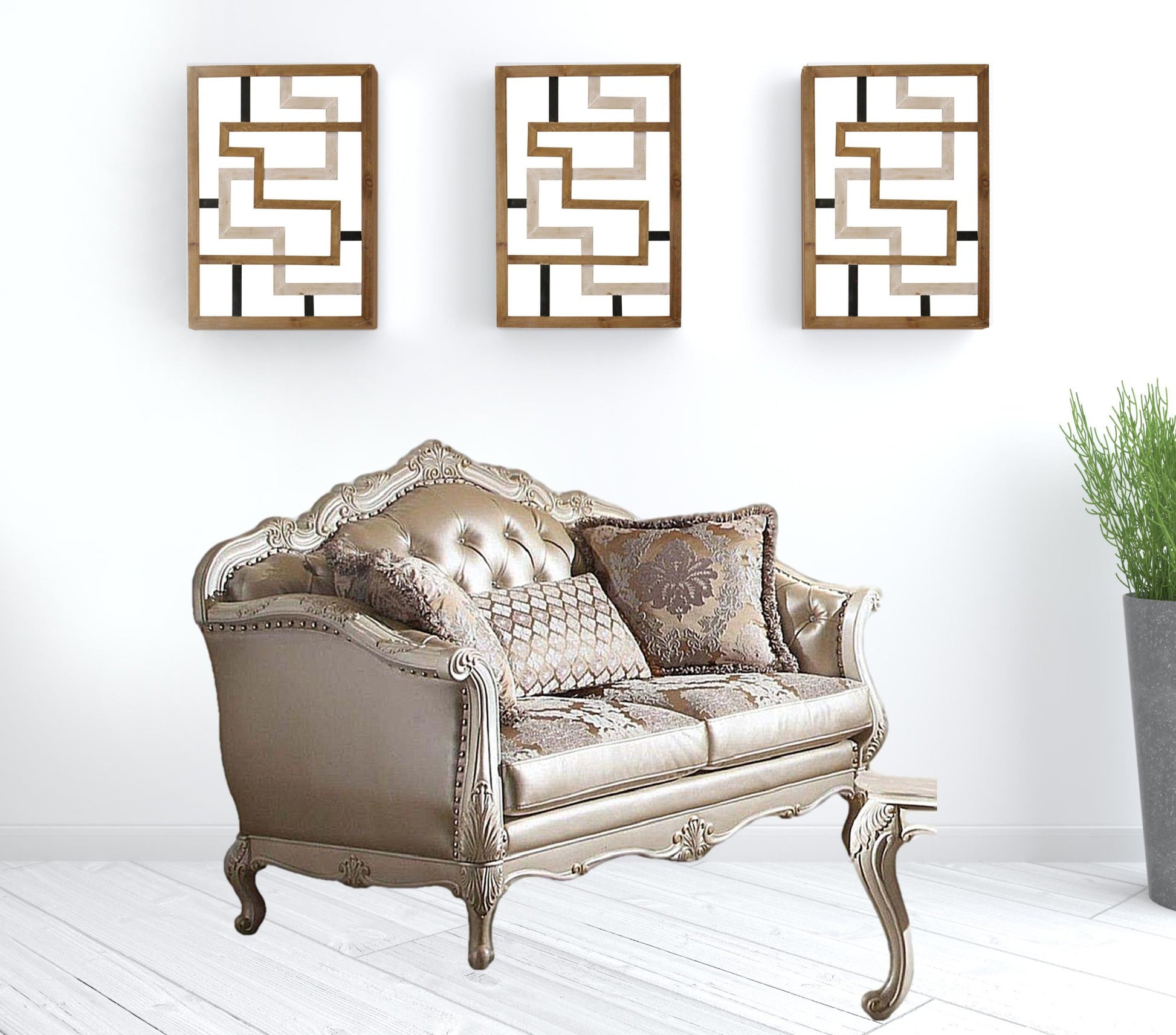 63" Rose Gold And Pearl Faux Leather Curved Love Seat And Toss Pillows By Homeroots | Loveseats | Modishstore - 2