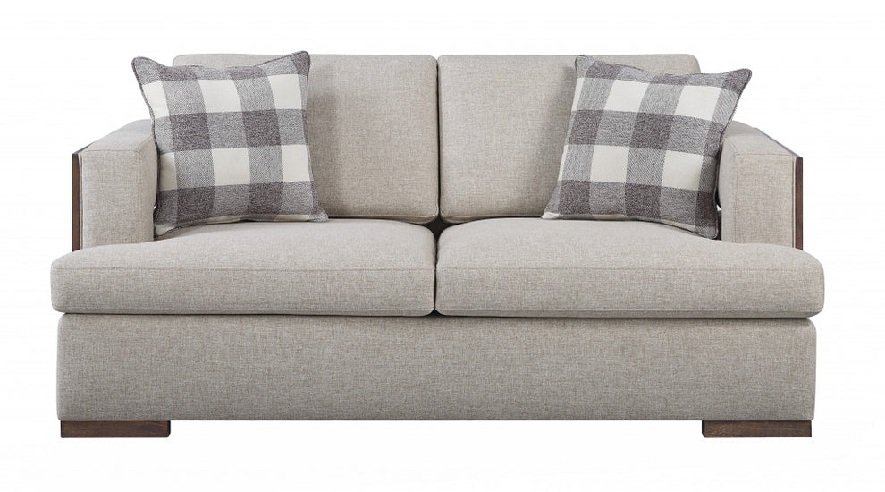 72" Beige 100% Linen And Walnut Love Seat with Pillows By Homeroots | Loveseats | Modishstore - 2