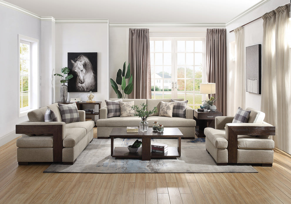 72" Beige 100% Linen And Walnut Love Seat with Pillows By Homeroots | Loveseats | Modishstore - 5