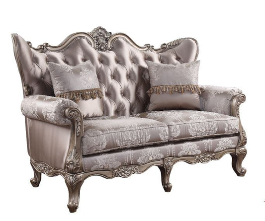 68" Pink And Platinum Silk Blend Love Seat And Toss Pillows By Homeroots