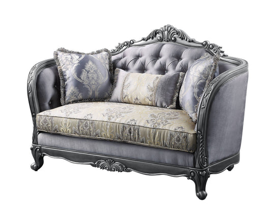 65" Gray Silver And Platinum Silk Blend Love Seat And Toss Pillows By Homeroots