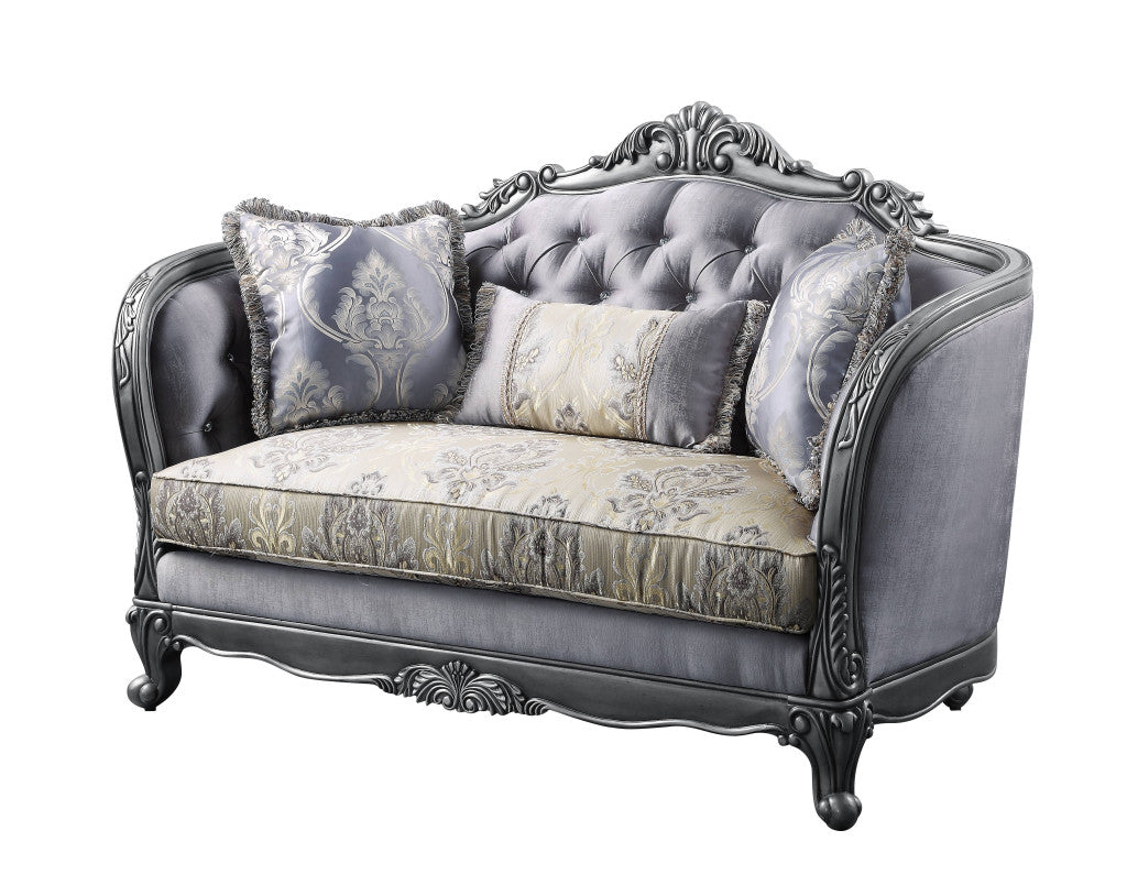 65" Gray Silver And Platinum Silk Blend Love Seat And Toss Pillows By Homeroots | Loveseats | Modishstore