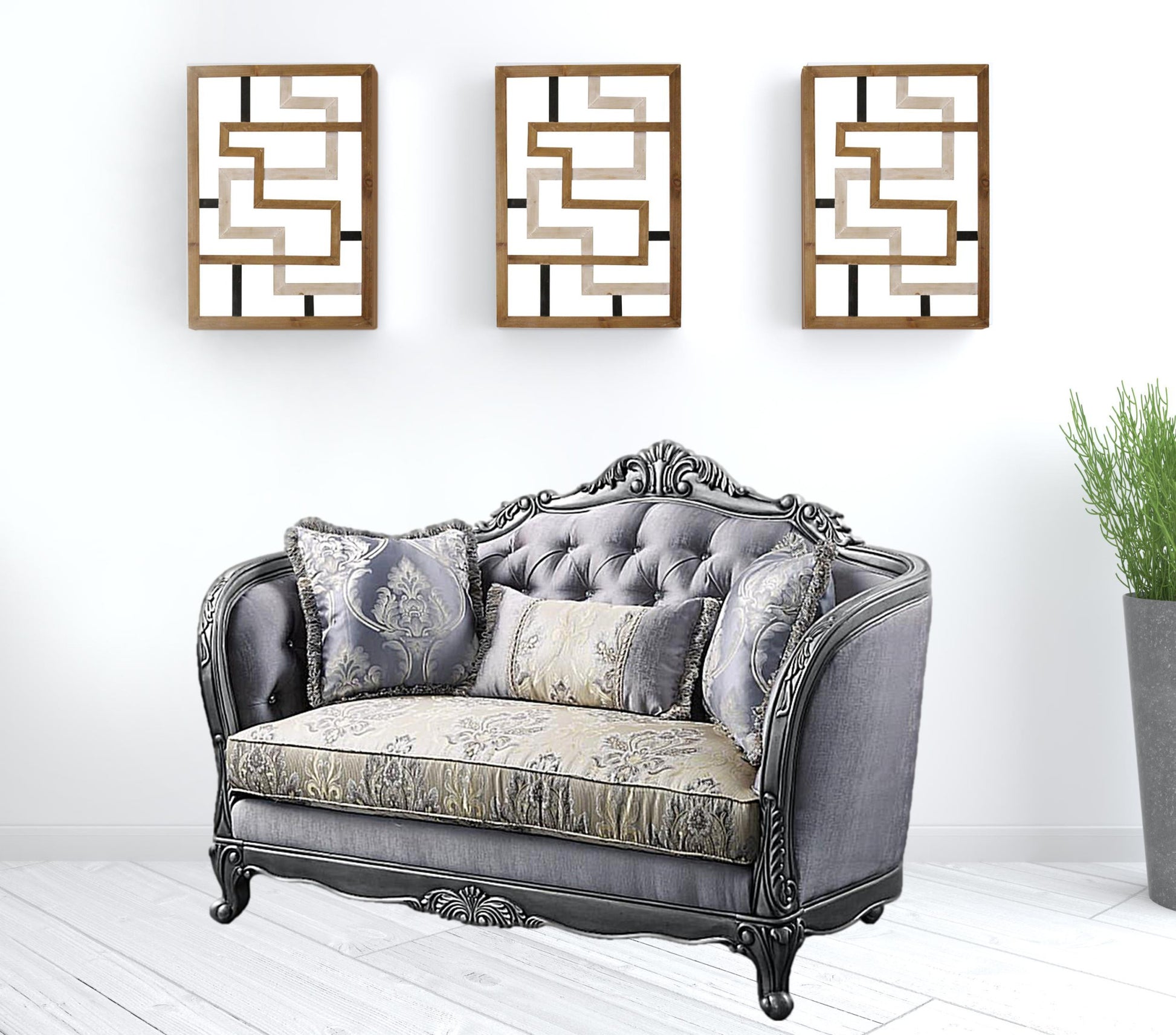 65" Gray Silver And Platinum Silk Blend Love Seat And Toss Pillows By Homeroots | Loveseats | Modishstore - 2