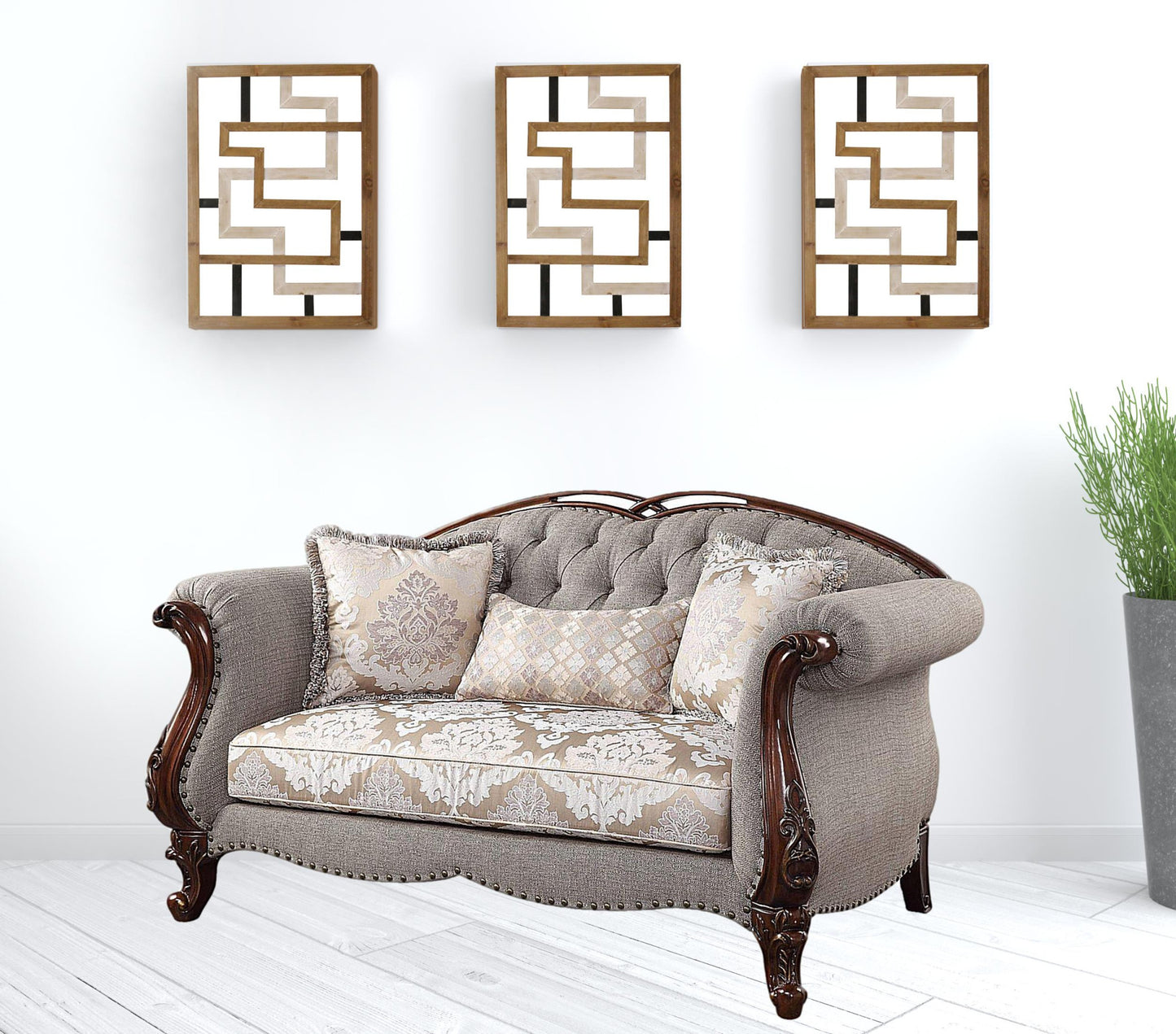 72" Beige And Dark Brown Linen Love Seat And Toss Pillows By Homeroots | Loveseats | Modishstore - 2