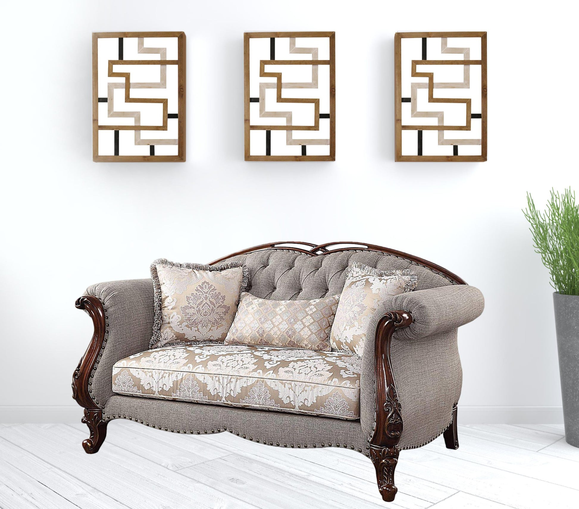 72" Beige And Dark Brown Linen Love Seat And Toss Pillows By Homeroots | Loveseats | Modishstore - 2