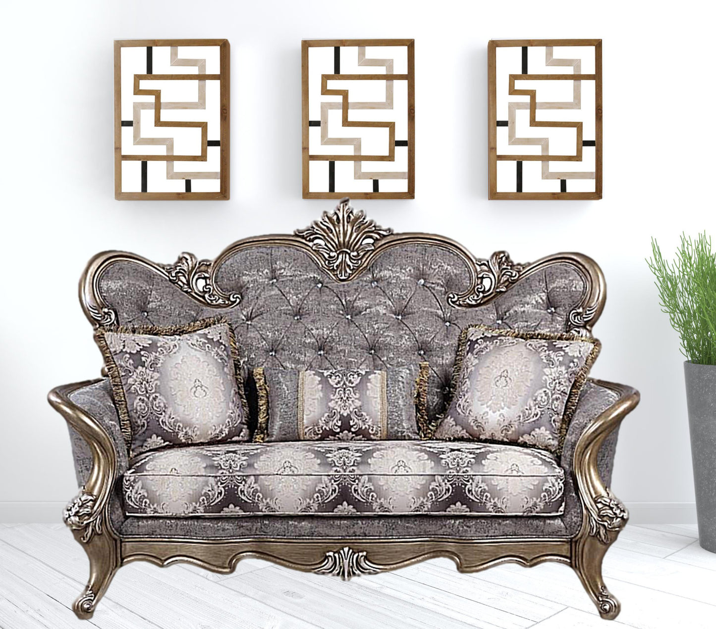 75" Gray And Platinum Cotton Blend Love Seat And Toss Pillows By Homeroots | Loveseats | Modishstore - 2