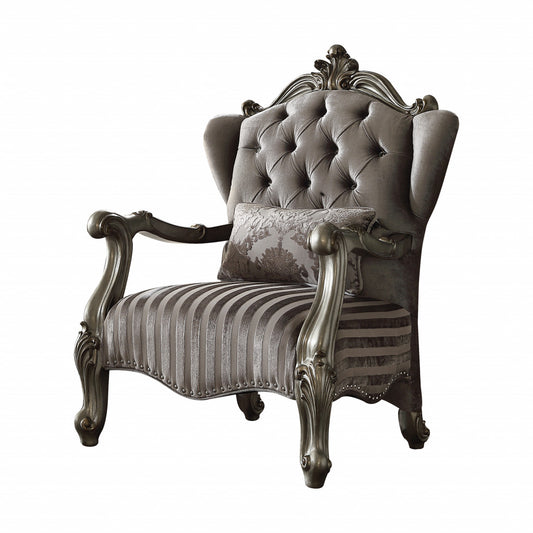 33" Gray And Platinum Velvet Striped Tufted Wingback Chair By Homeroots
