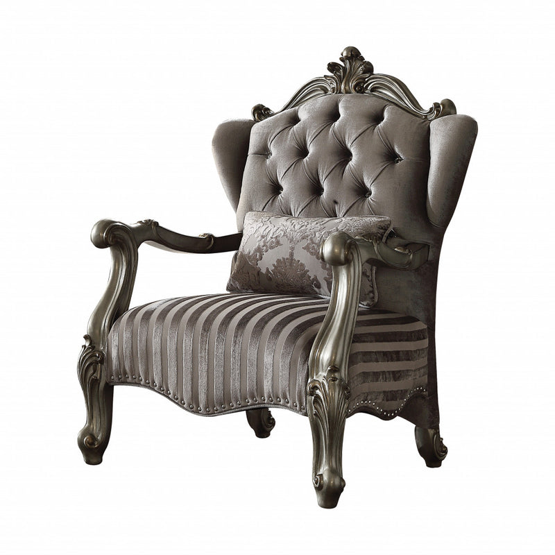 33" Gray And Platinum Velvet Striped Tufted Wingback Chair By Homeroots | Armchairs | Modishstore