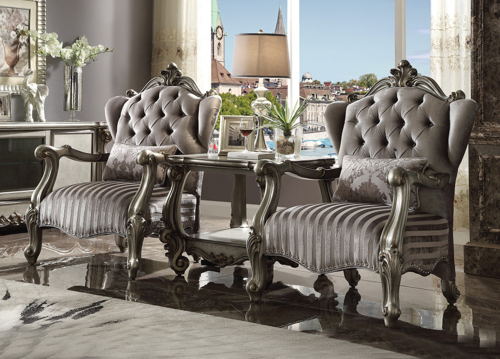 33" Gray And Platinum Velvet Striped Tufted Wingback Chair By Homeroots | Armchairs | Modishstore - 4