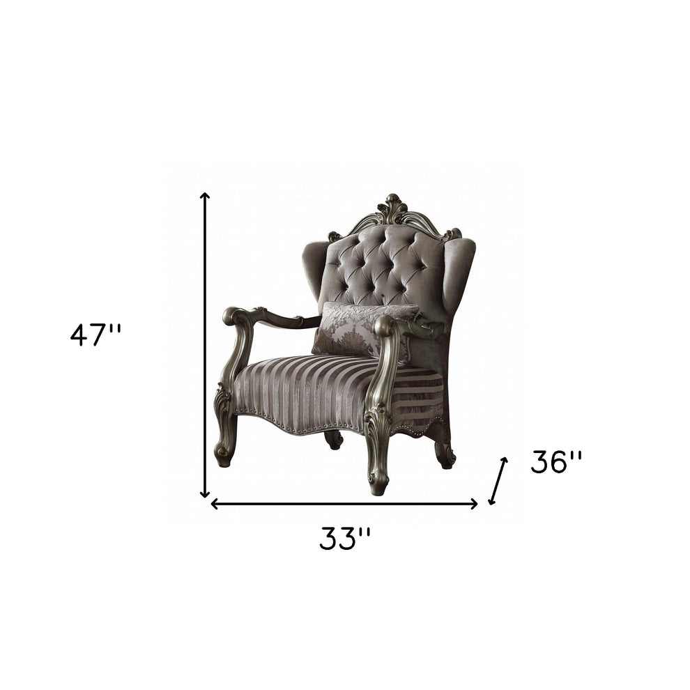 33" Gray And Platinum Velvet Striped Tufted Wingback Chair By Homeroots | Armchairs | Modishstore - 5