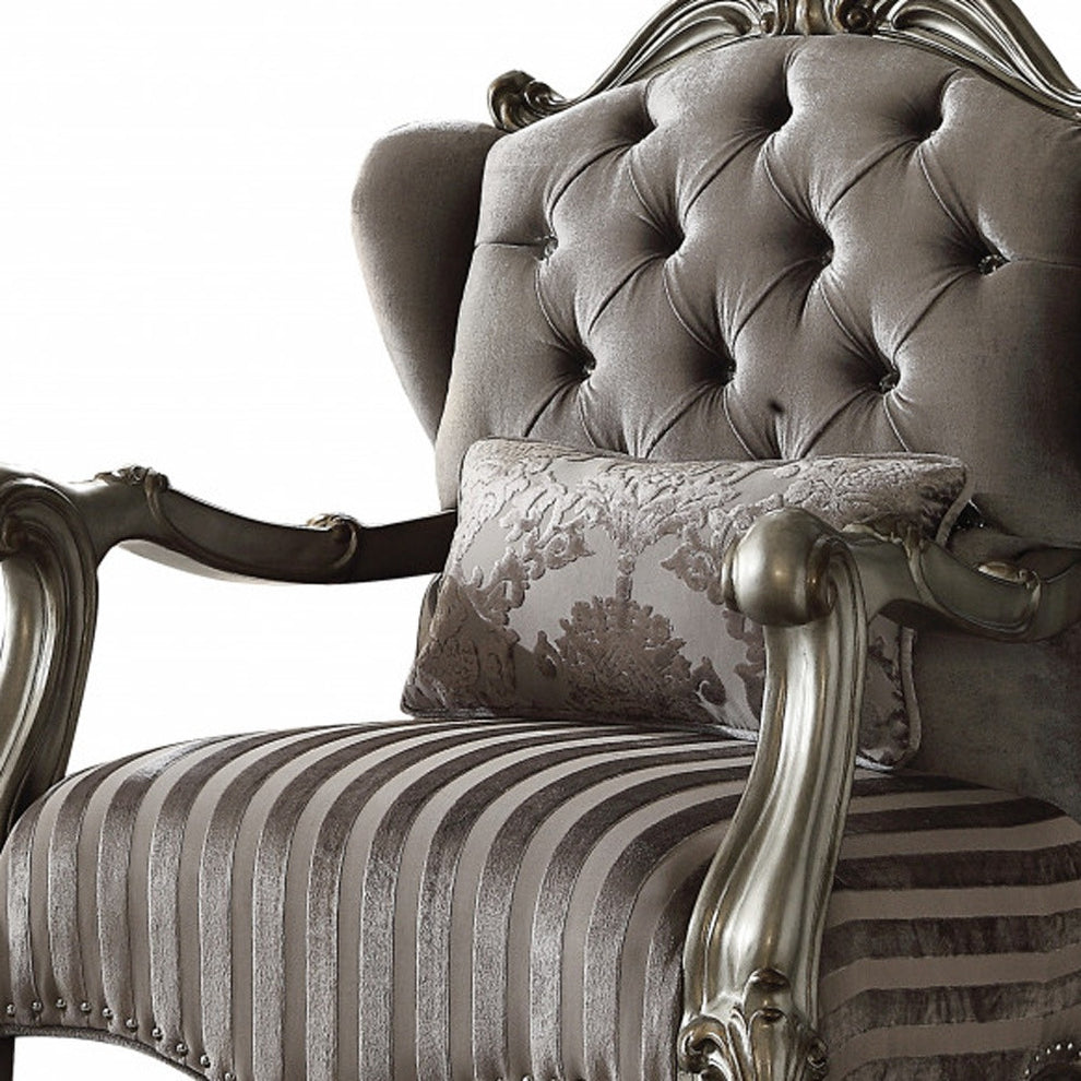 33" Gray And Platinum Velvet Striped Tufted Wingback Chair By Homeroots | Armchairs | Modishstore - 3