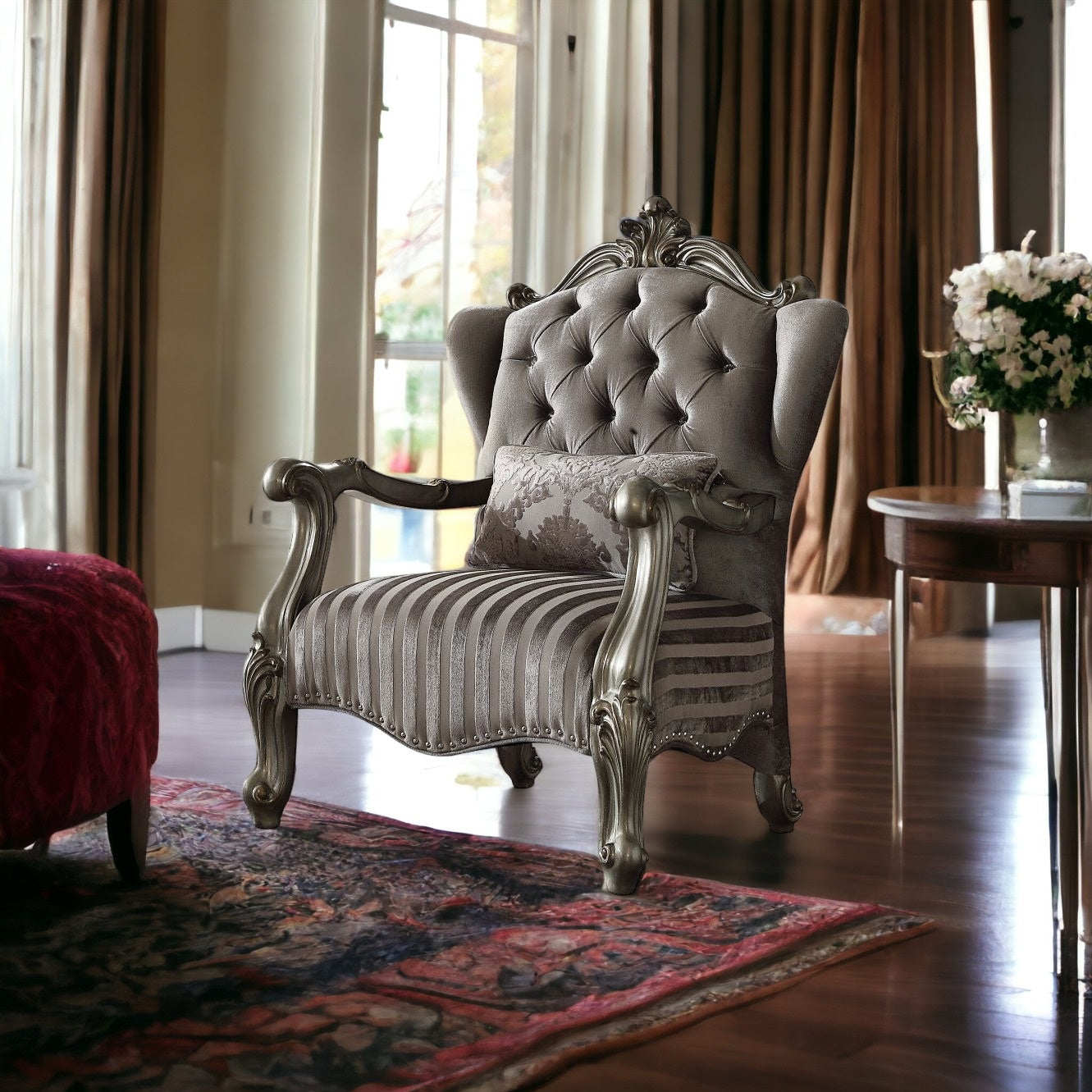 33" Gray And Platinum Velvet Striped Tufted Wingback Chair By Homeroots