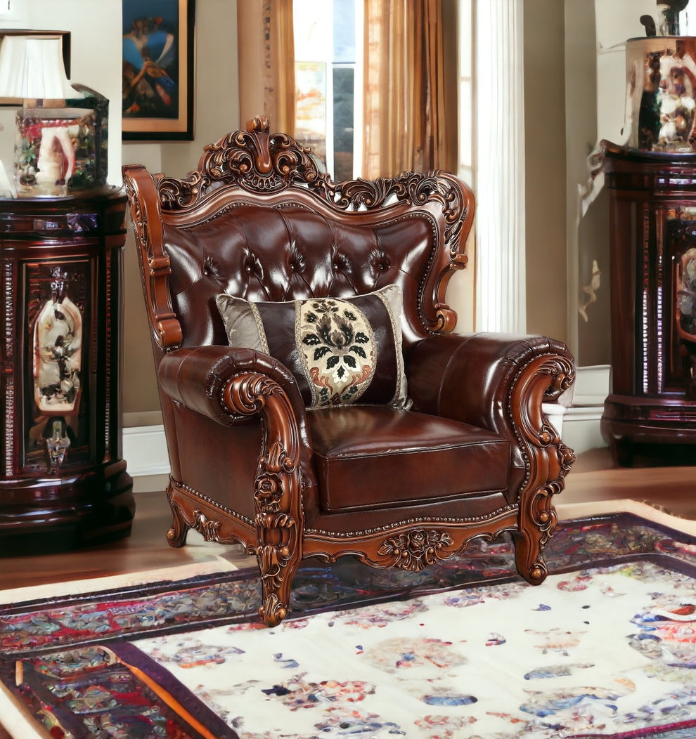 46" Dark Brown and Chocolate Faux Leather Tufted Wingback Chair By Homeroots | Armchairs | Modishstore - 4