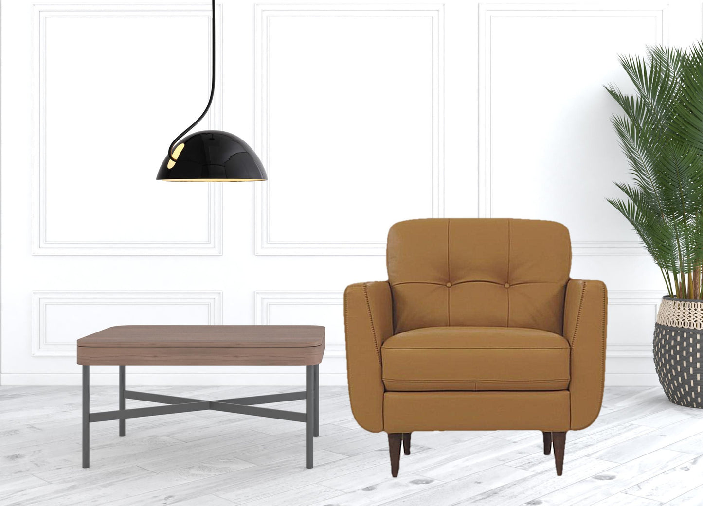 35" Camel Genuine Leather And Black Tufted Arm Chair By Homeroots | Armchairs | Modishstore - 4