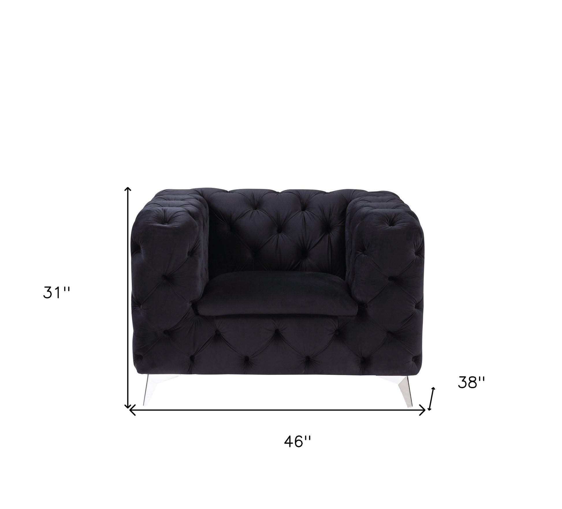 46" Black Velvet And Chrome Tufted Arm Chair By Homeroots | Armchairs | Modishstore - 6