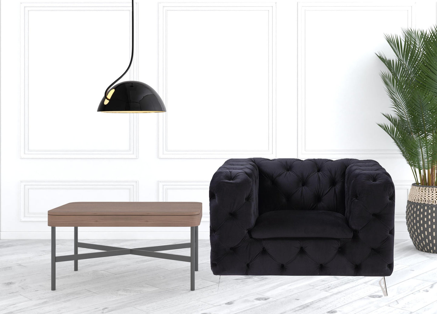 46" Black Velvet And Chrome Tufted Arm Chair By Homeroots | Armchairs | Modishstore - 4