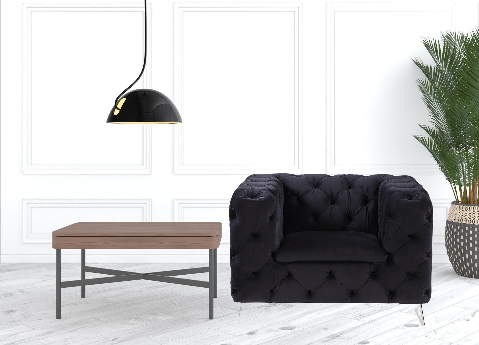 46" Black Velvet And Chrome Tufted Arm Chair By Homeroots | Armchairs | Modishstore - 4