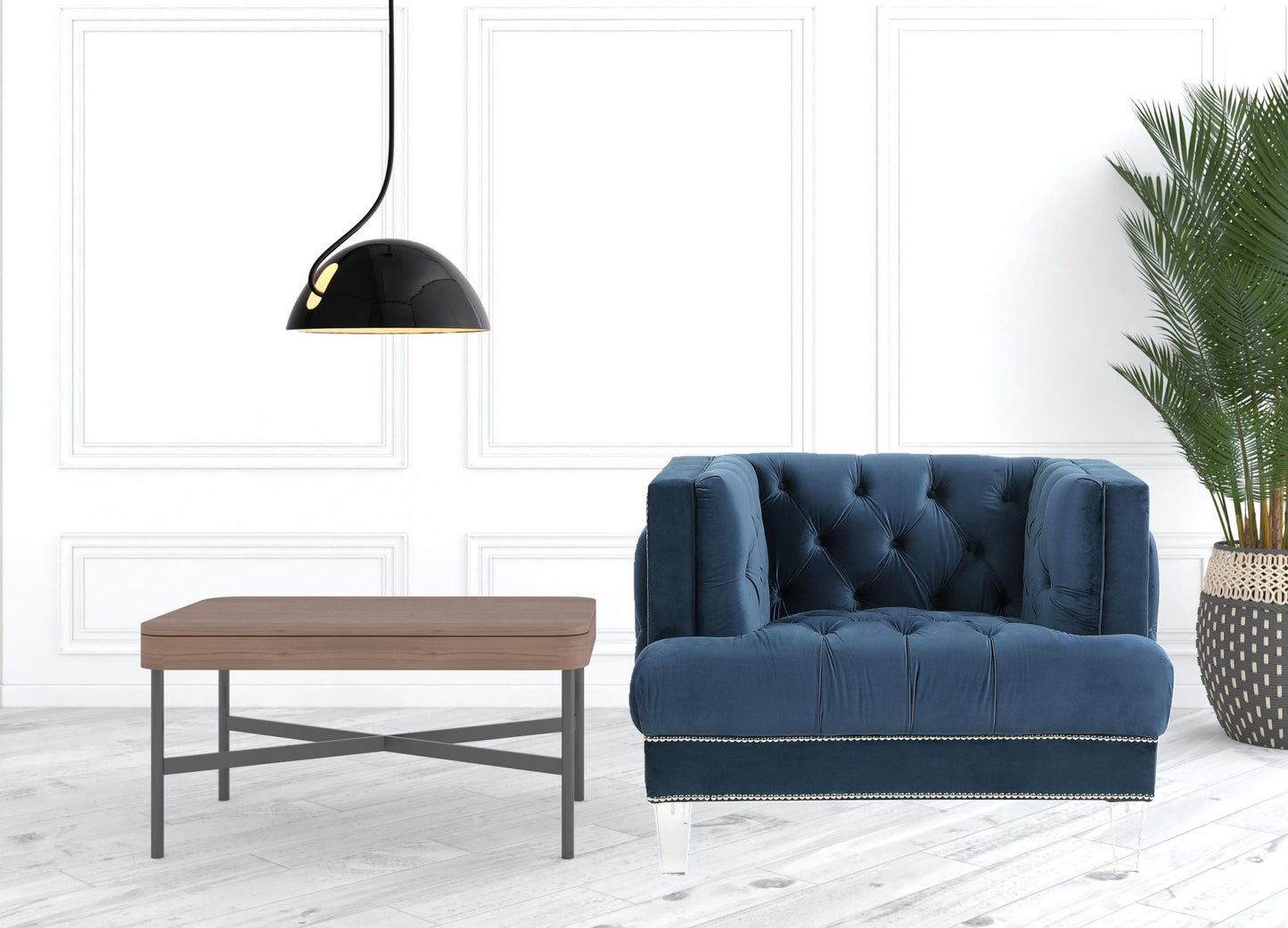 41" Blue Velvet And Black Tufted Arm Chair By Homeroots | Armchairs | Modishstore - 4