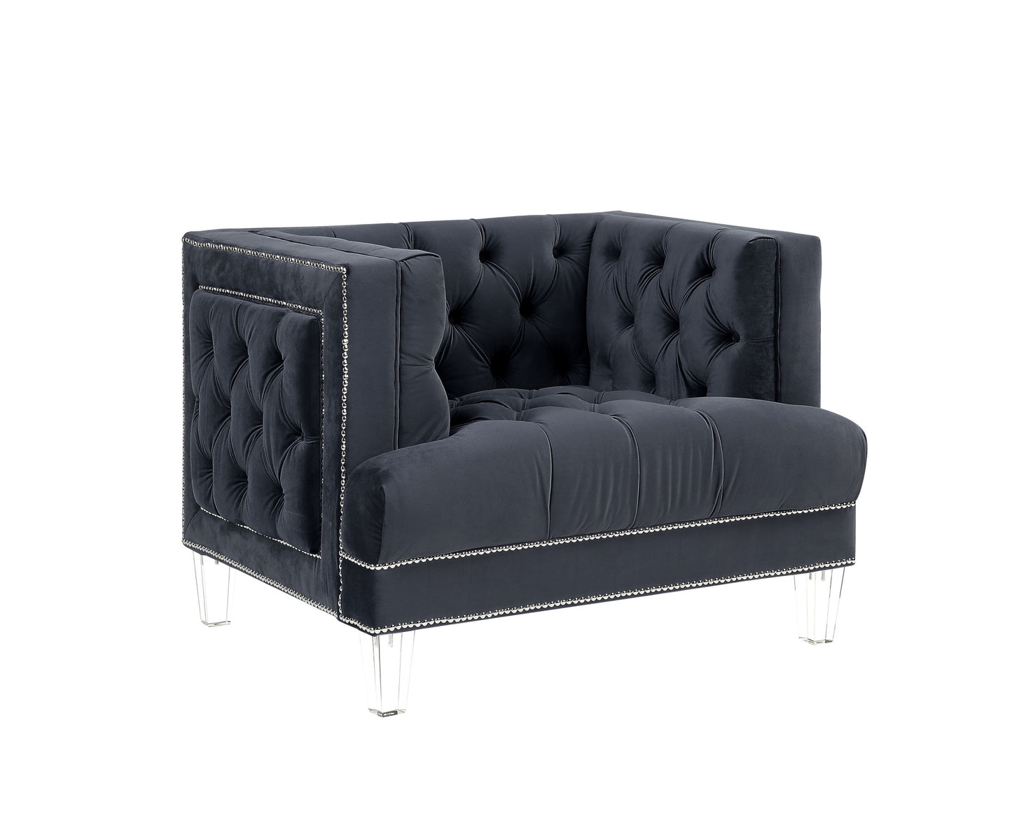 41" Charcoal Velvet And Black Tufted Arm Chair By Homeroots