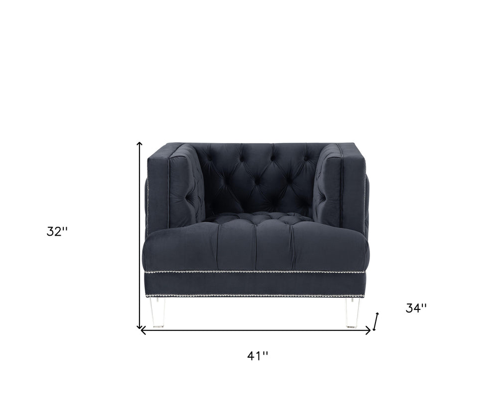 41" Charcoal Velvet And Black Tufted Arm Chair By Homeroots | Armchairs | Modishstore - 6