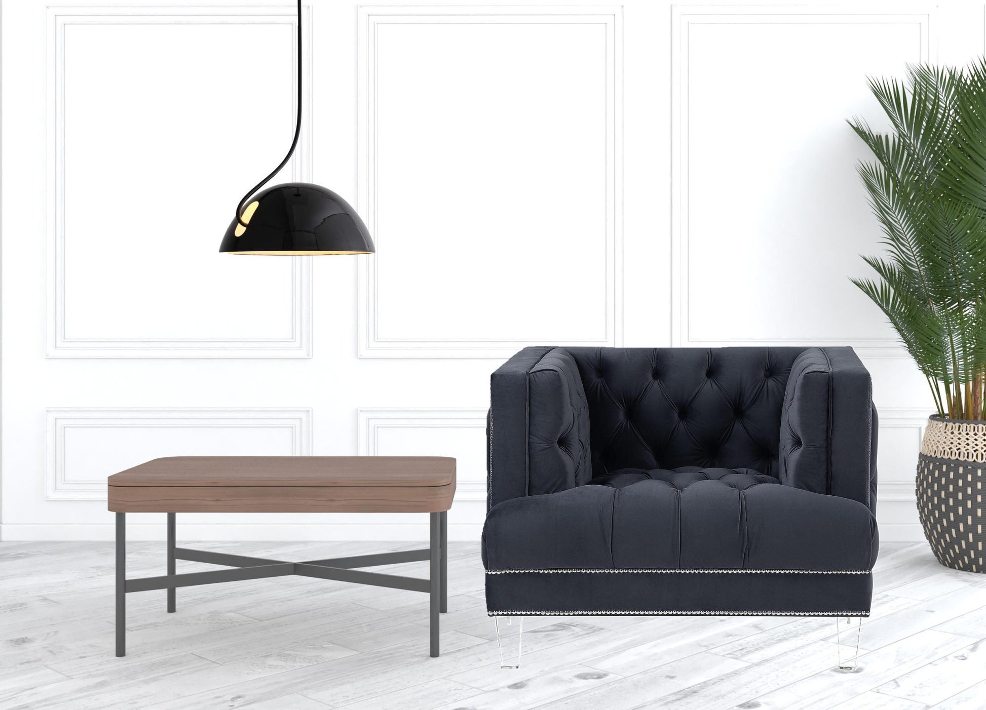 41" Charcoal Velvet And Black Tufted Arm Chair By Homeroots | Armchairs | Modishstore - 5