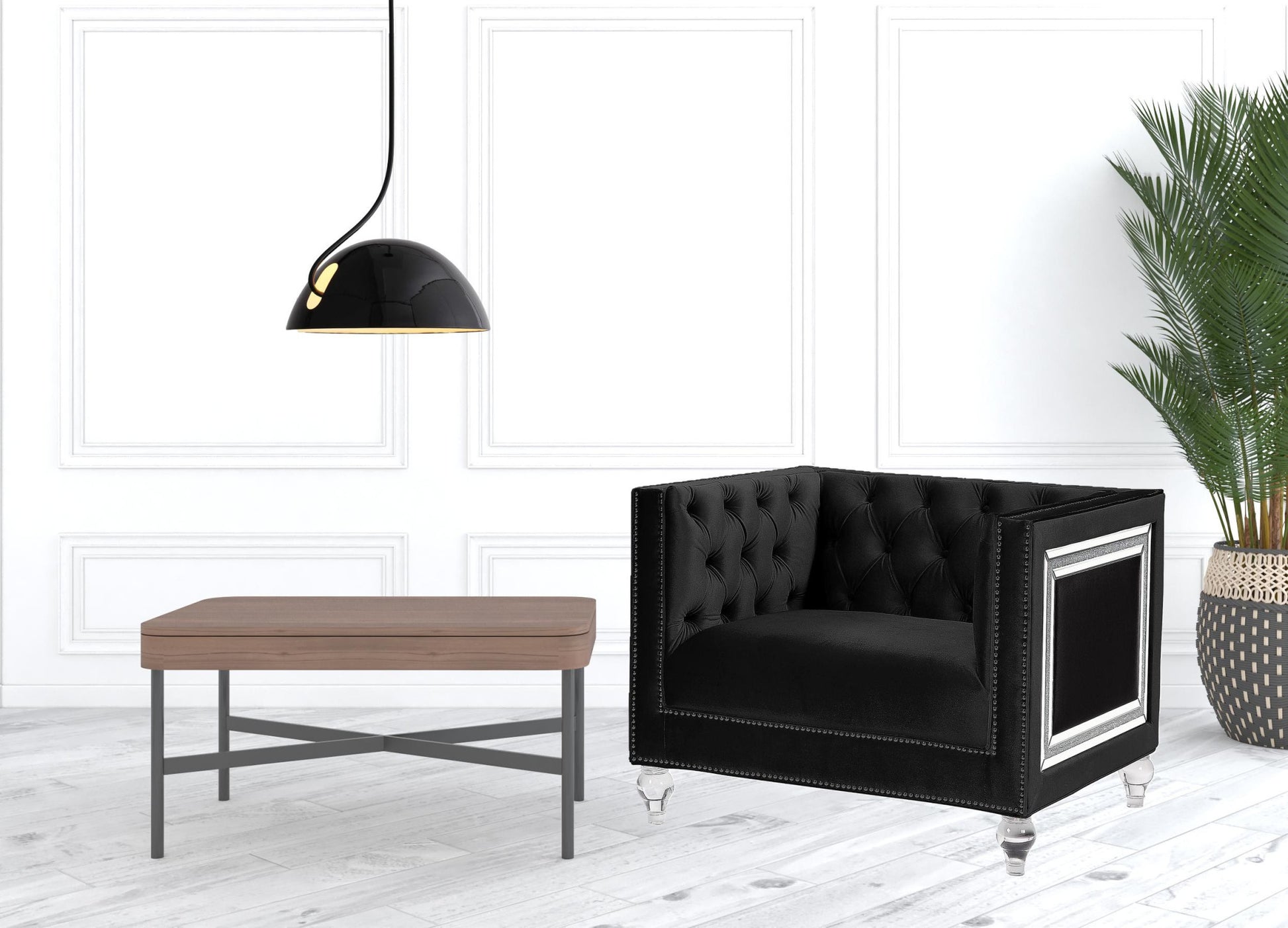 40" Black Velvet Tufted Arm Chair By Homeroots | Armchairs | Modishstore - 6