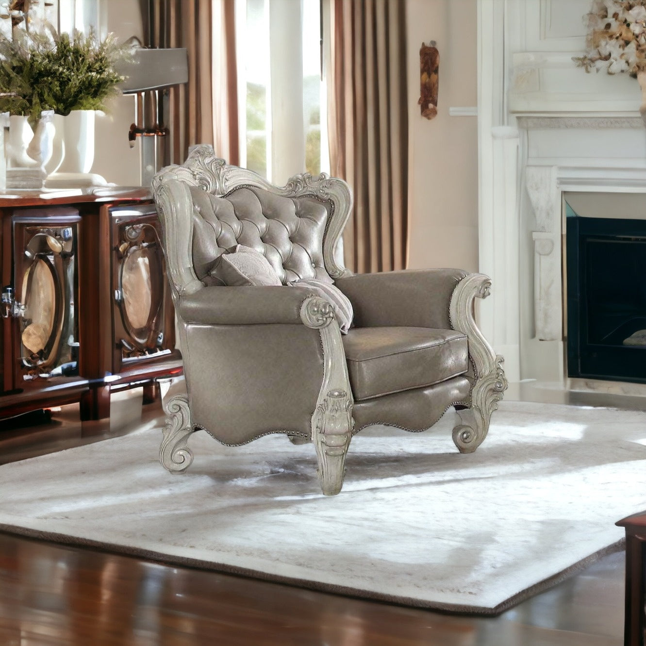 43" Gray and Bone Faux Leather Tufted Wingback Chair By Homeroots | Armchairs | Modishstore - 2